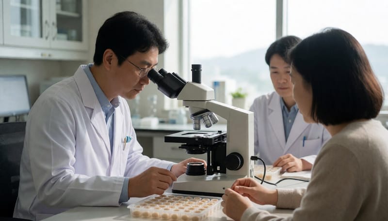 현미경으로 오가노이드를 관찰하는 연구자