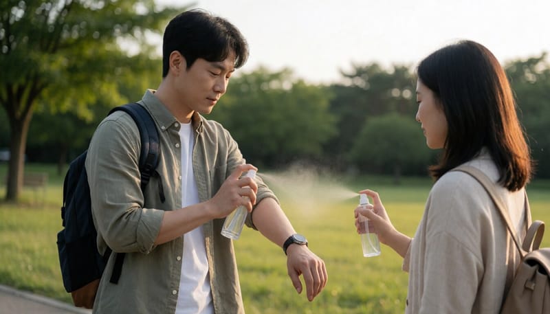 저녁 산책 전 모기 기피제를 바르는 남성
