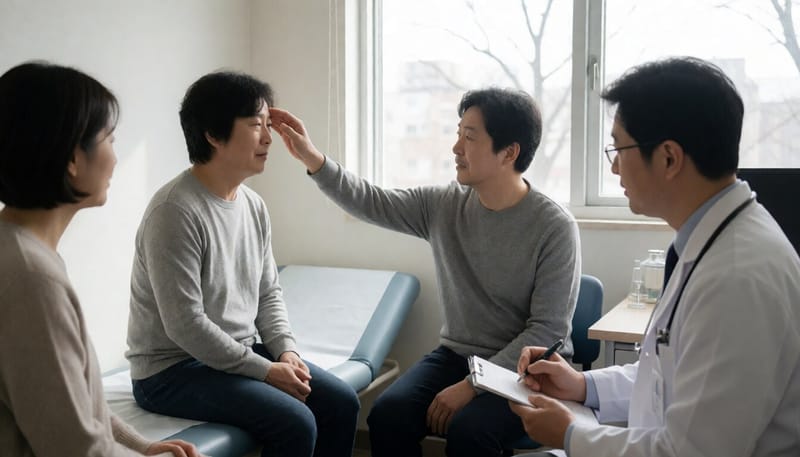 진료실에서 발열 증상을 확인하는 환자