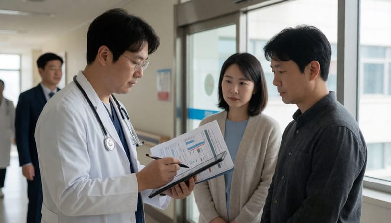 신생아중환자실 앞에서 자료를 검토하는 의료진