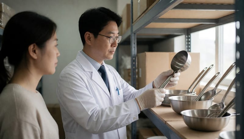 수입 주방용품을 점검하는 식품안전 관계자의 모습