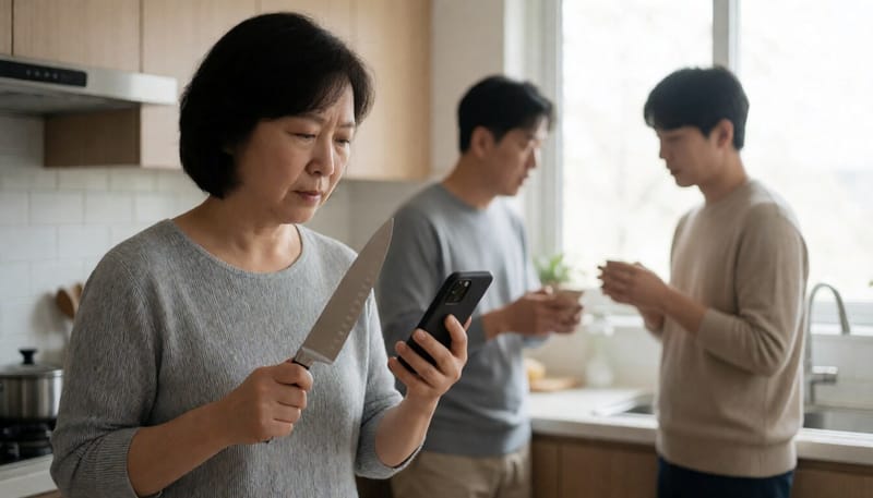 구입한 조리용 칼을 살펴보며 스마트폰을 확인하는 여성의 모습