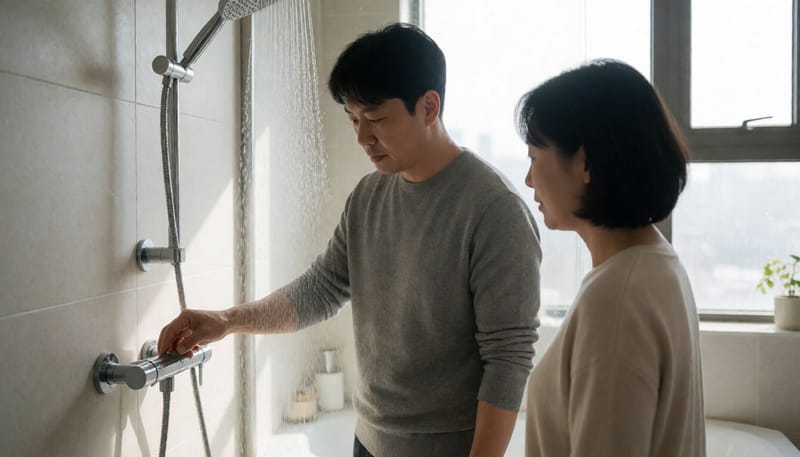샤워기 수온을 손으로 확인하는 남성의 모습