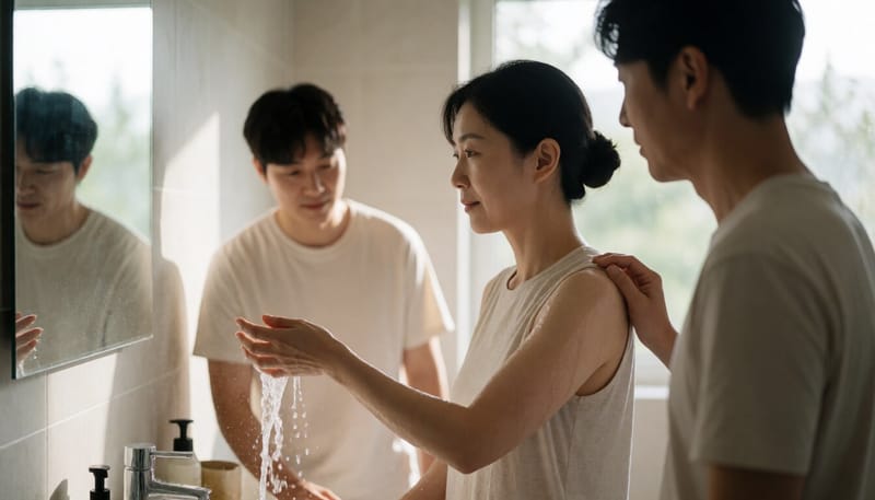 비누 거품을 꼼꼼히 헹구는 여성의 모습
