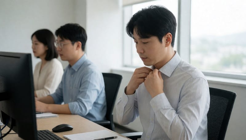 무더위 속 땀에 젖은 옷깃을 만지는 직장인의 모습
