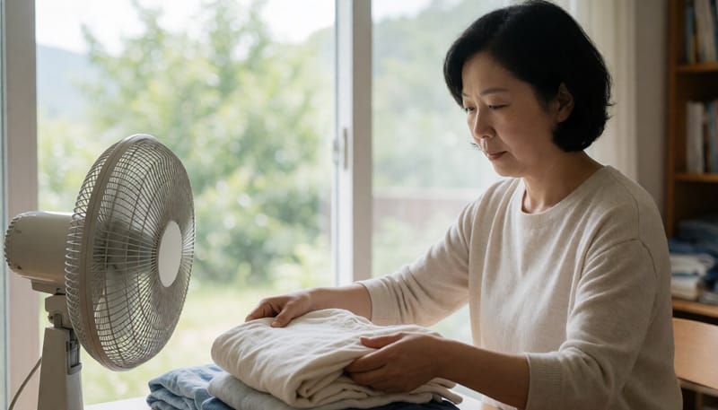 선풍기 옆에서 통풍 잘되는 면 소재 옷을 정리하는 모습