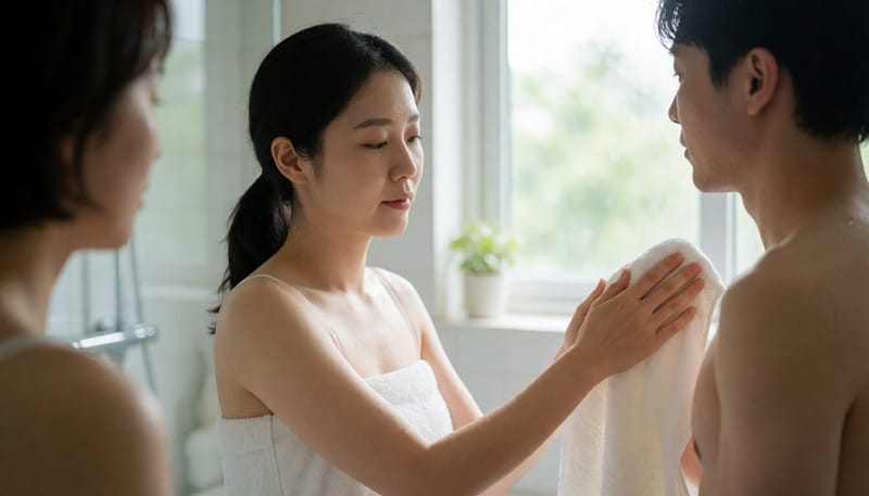 샤워 후 수건으로 접히는 피부 부위의 물기를 닦아내는 모습