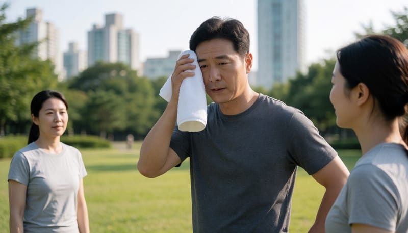 여름철 땀을 닦아내는 남성의 모습