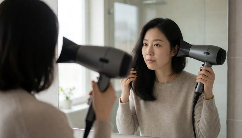 두피와 모발을 드라이기로 건조시키는 모습