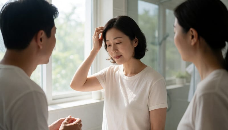 두피를 손으로 만지며 가려움을 느끼는 여성의 모습