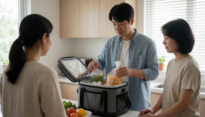 보냉백에 아이스팩과 함께 식재료를 담는 모습