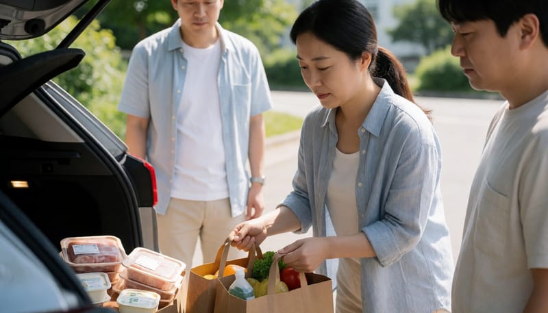 여름철 장을 본 식재료를 자동차 트렁크에 싣는 모습