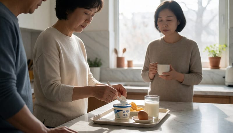 그릭요구르트와 삶은 달걀로 아침식사를 준비하는 모습