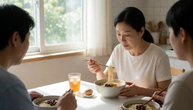 여름철 시원한 콩국수와 달걀로 식사를 하는 여성의 모습
