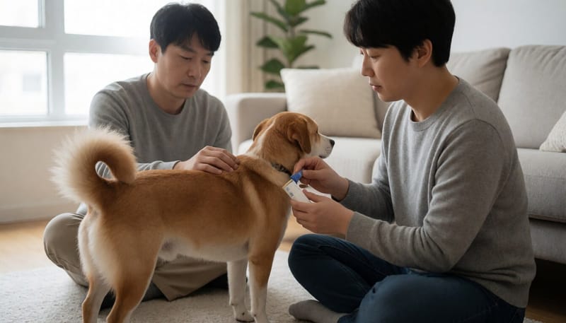 집에서 반려견 목덜미에 예방약을 발라주는 보호자