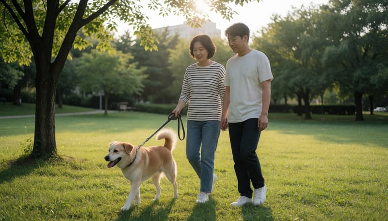 저녁 무렵 공원에서 반려견과 산책하는 여성