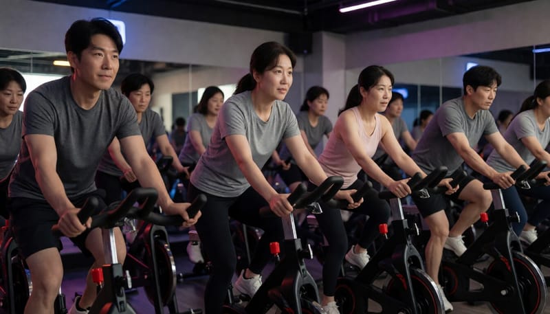 그룹 스피닝 수업에서 참가자들이 페달을 밟는 모습