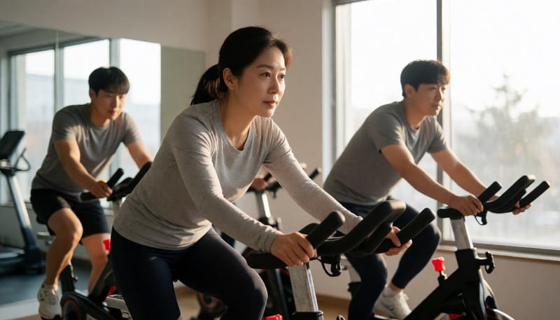 실내 체육관에서 스피닝 자전거를 타는 여성의 모습