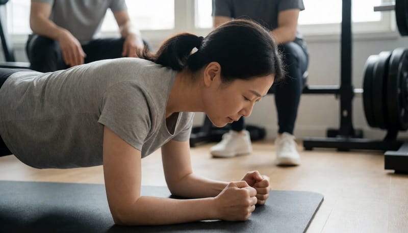 플랭크 자세에서 척추와 골반의 정렬을 보여주는 옆모습