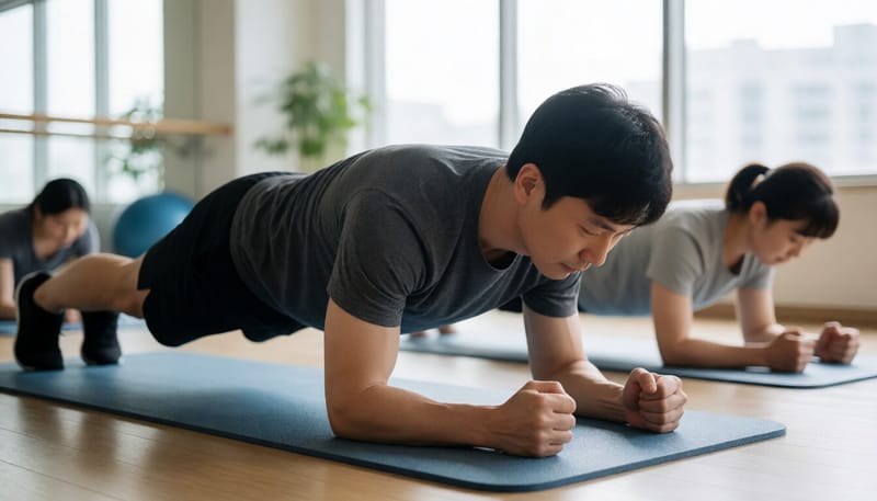 무릎을 대고 플랭크 변형 동작을 하는 모습