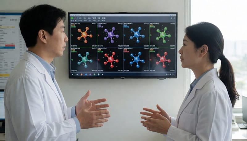연구진이 화합물 결합 시뮬레이션 결과를 논의하는 모습