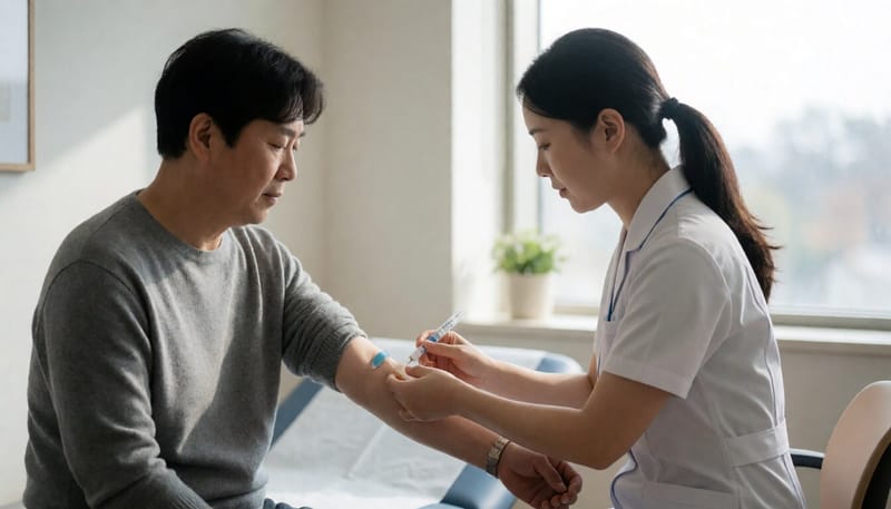 병원에서 혈액 채취 검사를 받는 중년 환자의 모습