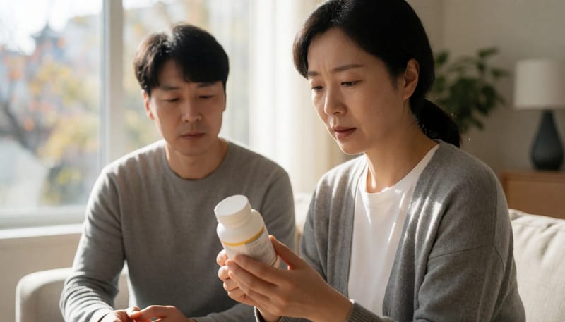 해외직구로 구매한 건강기능식품을 살펴보는 모습