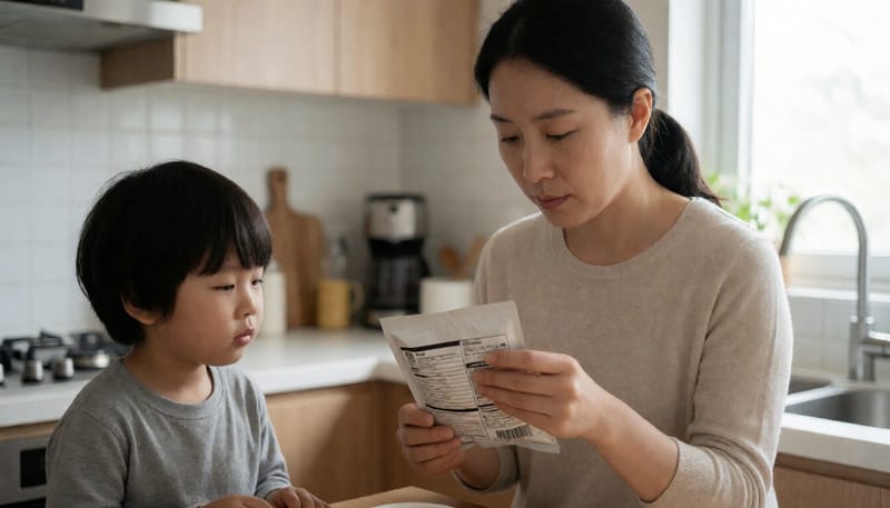 간식 성분표를 확인하는 엄마와 아이