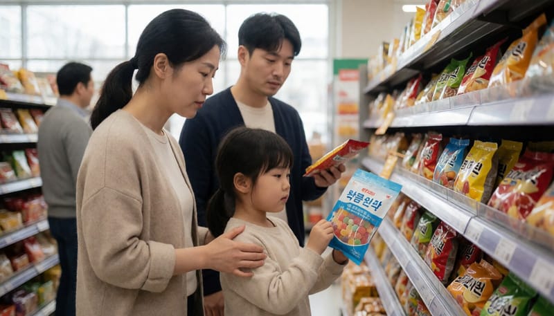 마트에서 무설탕 간식을 살펴보는 엄마와 아이