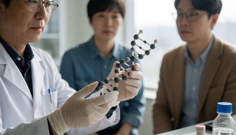 RNA 분자 모형을 살펴보는 연구자의 손