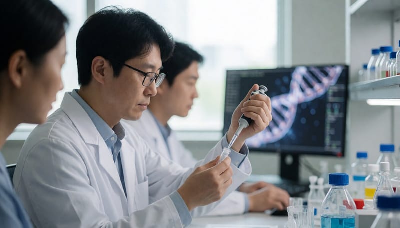 실험실에서 RNA 시료를 다루는 연구자의 모습