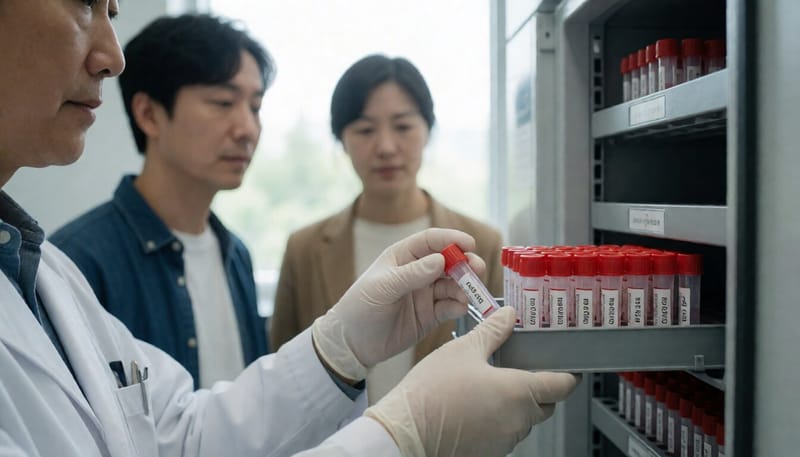 냉동보관고에 인체조직 검체를 넣는 연구원의 손