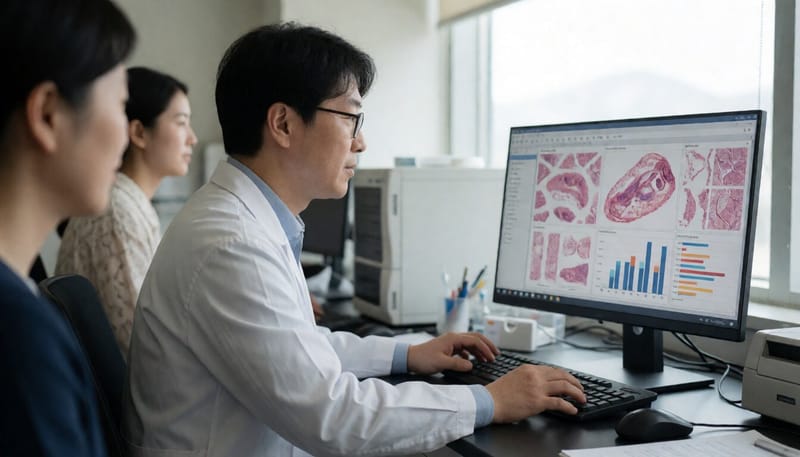 연구실에서 조직 검체 분석 자료를 살펴보는 연구원