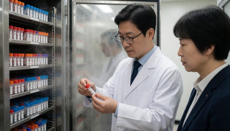 바이오뱅크 저장고에서 인체조직 검체를 다루는 연구원의 모습