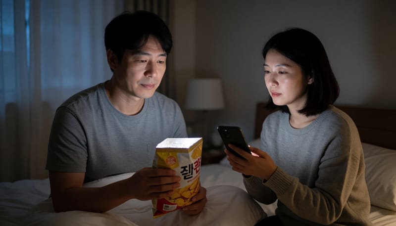 늦은 밤 침대에서 야식을 먹는 남성의 모습