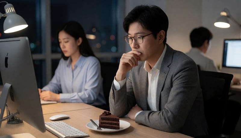 야근 중 스트레스를 받으며 초콜릿 케이크를 바라보는 직장인의 모습