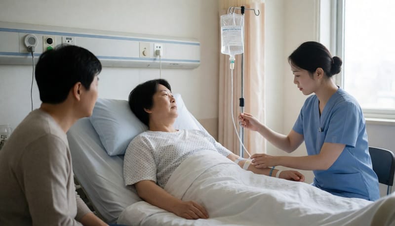 게실염 치료를 위해 항생제 수액을 맞는 환자