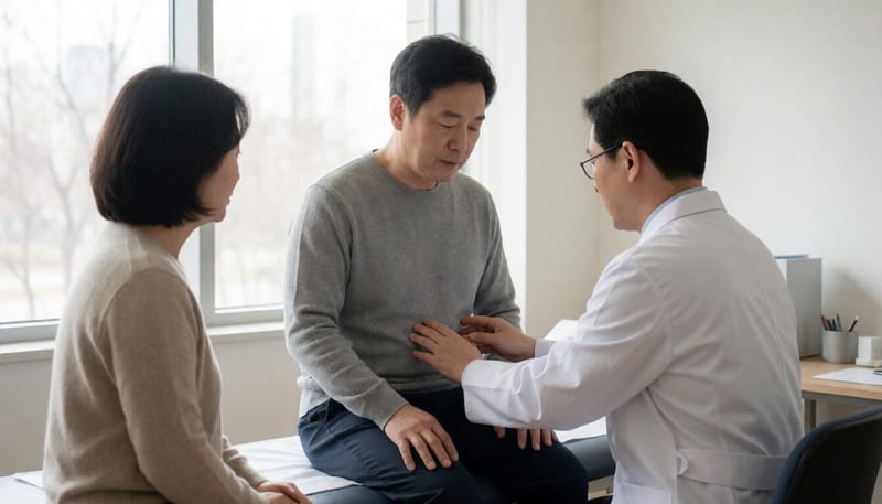 복부 통증으로 진료를 받는 환자와 의사의 모습