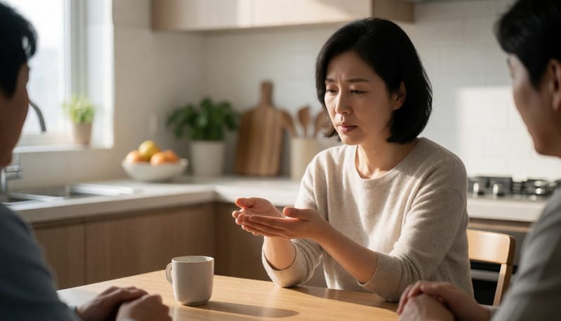 아침에 손을 살펴보며 미세한 떨림을 확인하는 여성