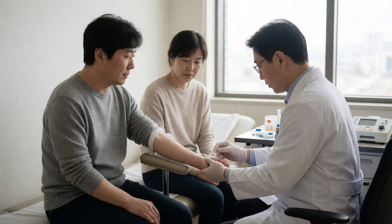 병원에서 혈액검사를 받으며 갑상선 수치를 확인하는 모습