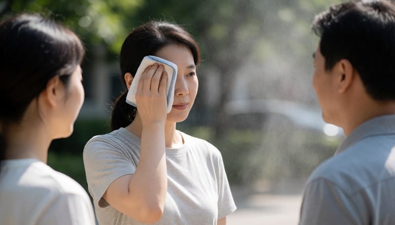 무더운 여름날 땀을 닦으며 더위를 느끼는 여성의 모습