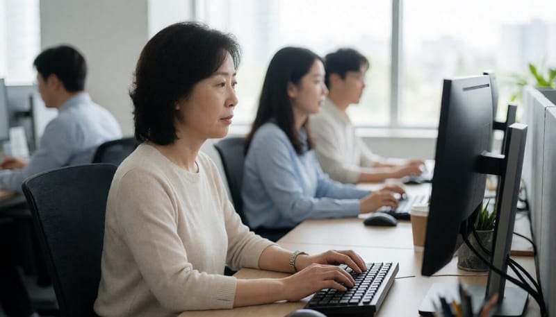 무표정하게 모니터를 바라보며 손을 멈춘 직장인의 모습