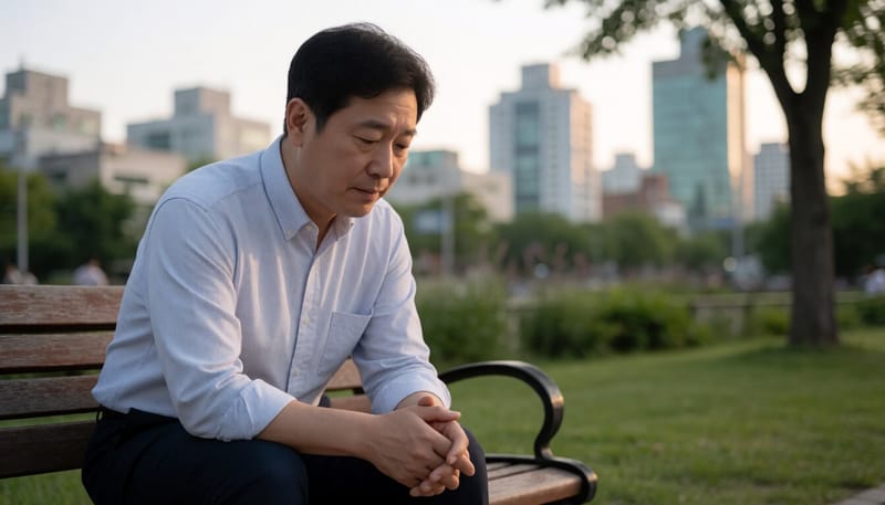 저녁 무렵 홀로 앉아 생각에 잠긴 남성의 모습