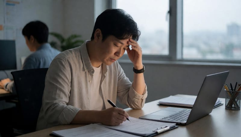 지친 표정으로 책상에 앉아 있는 직장인의 모습