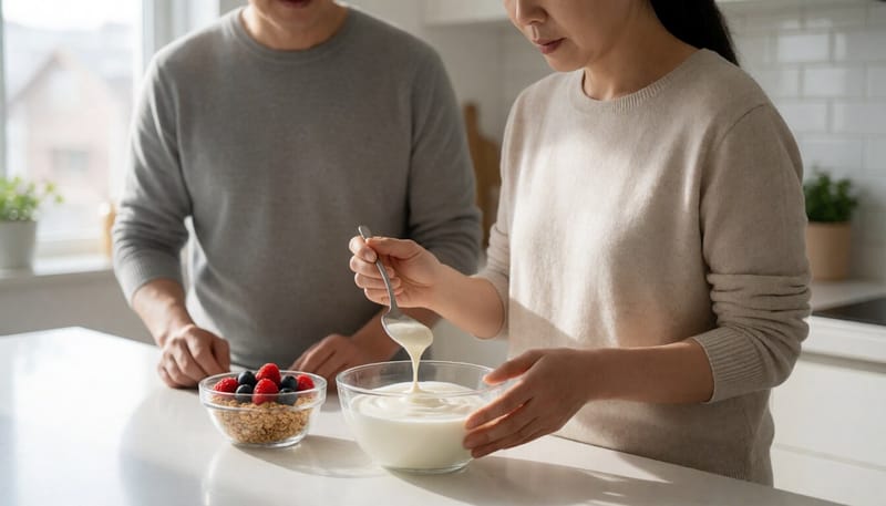 그릭요거트를 그릇에 담아 그래놀라와 곁들이는 모습