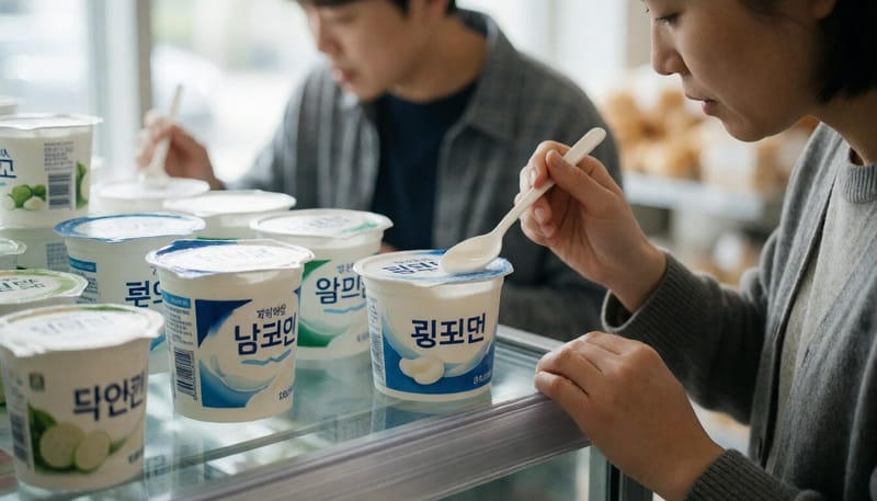 냉장 진열대에 놓인 여러 종류의 요거트 용기와 스푼