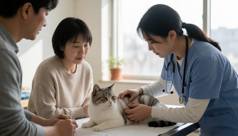 동물병원에서 수의사가 고양이 배를 진찰하는 모습