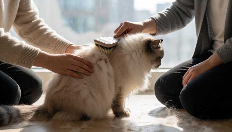 창가에서 고양이 등을 빗질해 빠진 털을 정리하는 모습