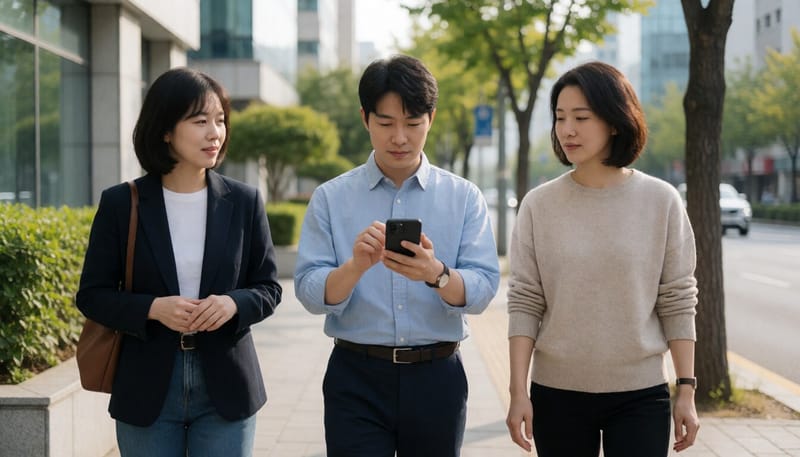 걷는 중 스마트폰 건강관리 앱을 확인하는 시민