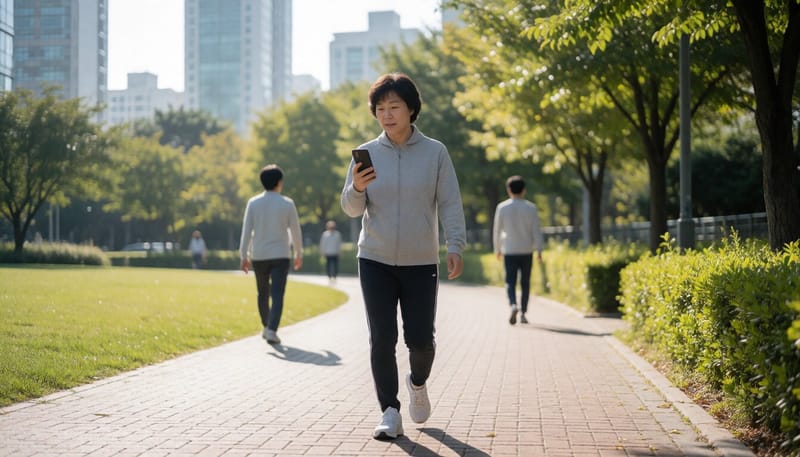 아침 공원길을 걸으며 스마트폰 앱을 확인하는 시민의 모습